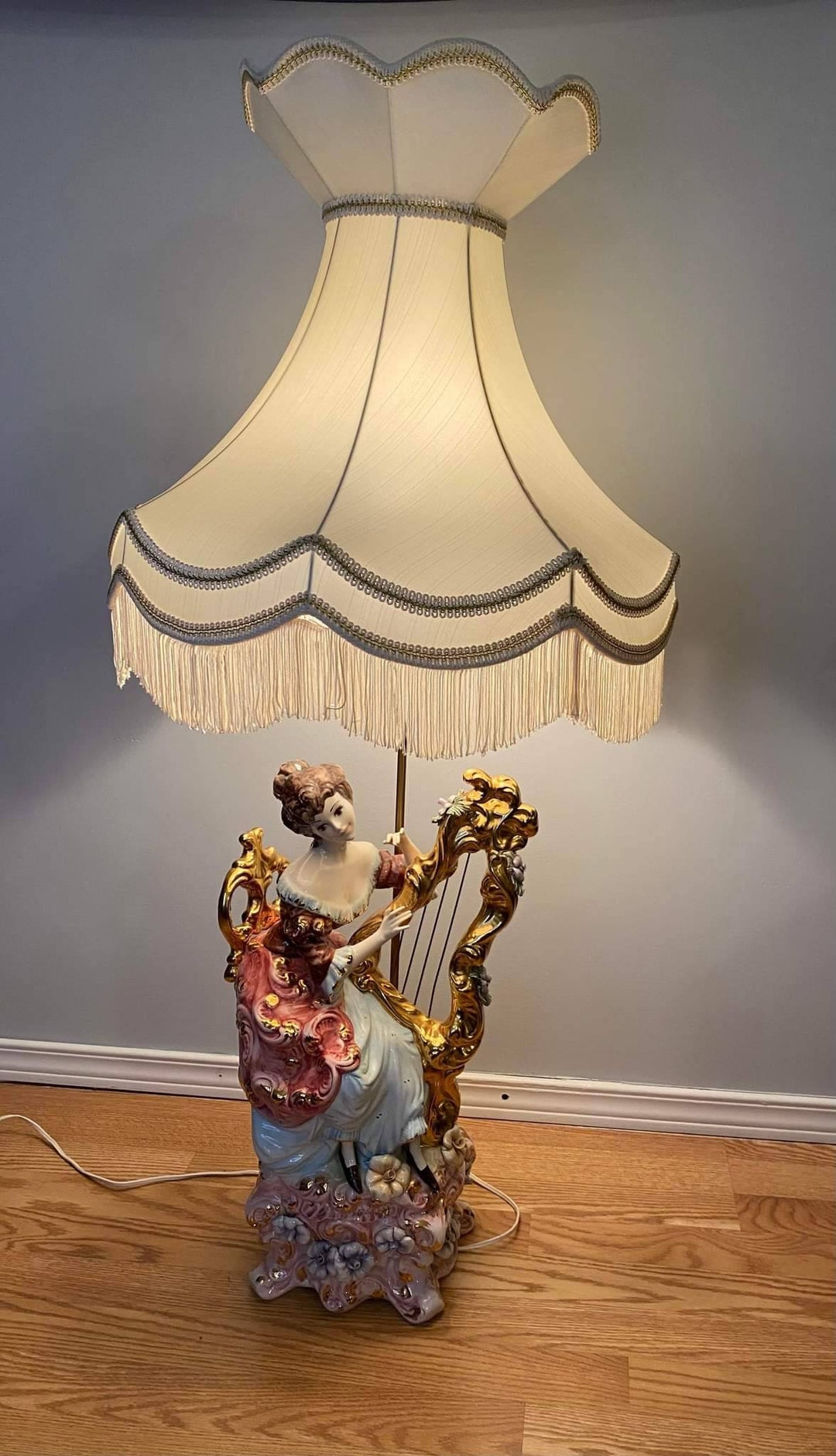 Italian Capodimonte Porcelain Lamp, Antique, Silk Fringe Shade