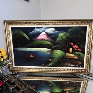 Black Velvet, Wall Hanging, Tapestry, MCM, Original, Wood Frame,, Vintage, Art Work, Mid Century, Signed, MCM, Oil Painting,