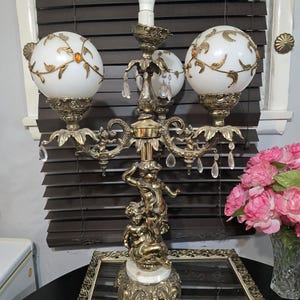 Antique Table Lamp, Solid Brass, Statement, Cherub, Marble, Ornate, Filigree, 2 Way Lighting, Globe, Rare, Stunning Hollywood Regency