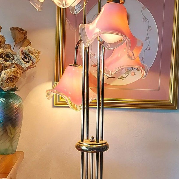 Brass, Tulips Shade, Art Glass, Standing Lamp, Pink, 80s, Hollywood, Regency, Art Deco, Home Decor, Lighting,