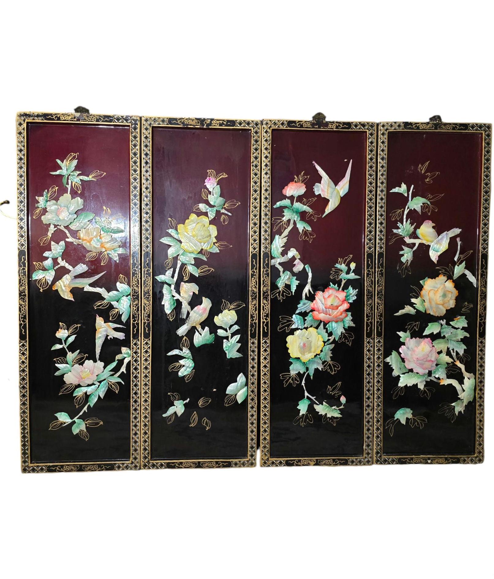 ヴィンテージ漆塗り張り子壁掛けトレイ、マザーオブパール象嵌アート