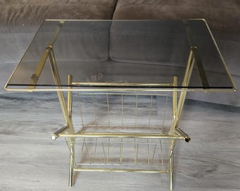 GERESERVEERD, Metalen bijzettafel, tijdschriftenrek, vintage, Hollywood Regency, bijzettafel, plantenstandaard, woondecoratie, messing tafel,