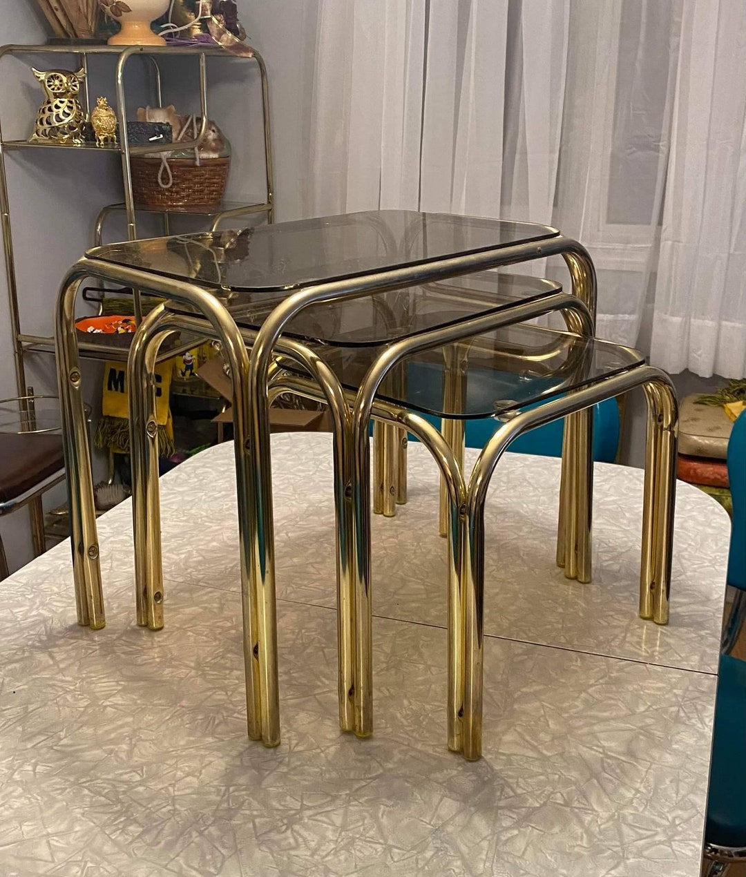 Brass&glass, Nesting Table Set, 3pcs., Brass Nesting Tables, Smokey