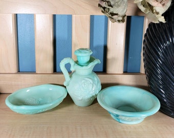 Avon Set, Marbled Teal, Rose Dish Decanter, Avon Collectible
