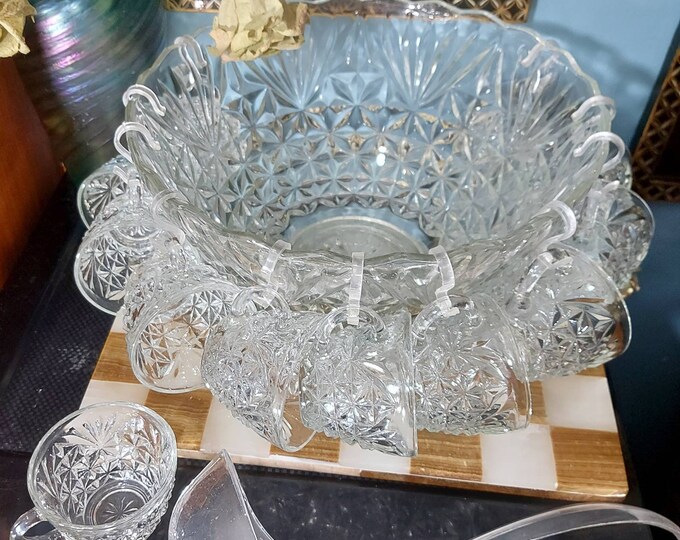Crystal, Punch Bowl Set, 14 Pcs Vintage Crystal Punch Bowl Set, Large Crystal Serving Bowl