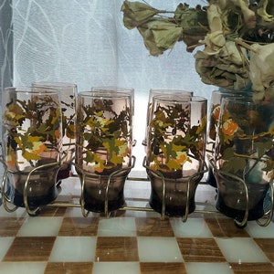 Set of Glass Tumblers, with Caddy, (9 pcs), Vintage Drinkware, Tall Tumblers,  Smokey Black, Autumn Leaves, Tumblers with Caddy