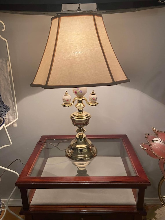 Brass Lamp with Lamp Shade, Porcelain Globes, Ant… - image 1