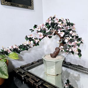 May include: A bonsai tree with a brown trunk and branches, decorated with pink and white flowers and green leaves. The tree is potted in a light green hexagonal pot filled with white pebbles. The pot sits on a mirrored surface.