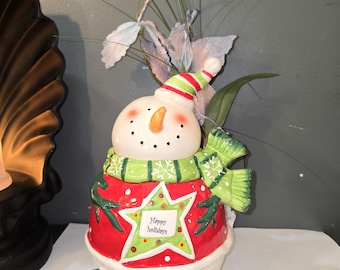 Kerstmis, koekjestrommel, sneeuwpoppot, deksel, vintage, verzamelobject, gesigneerd, keukengerei, feestdagen, kerstdecor, opslag en organisatie