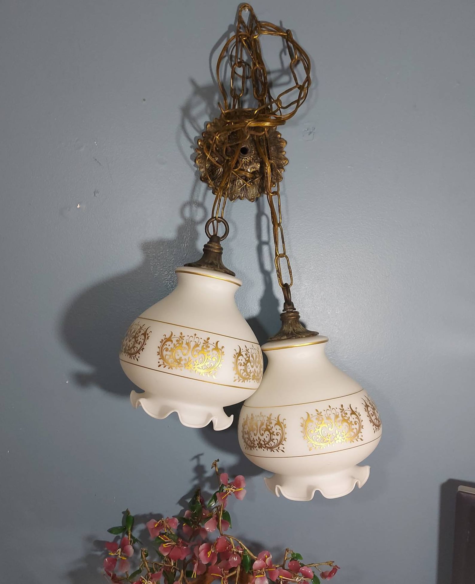 Ceiling Double Swag Ceiling Light Fixture Milk Glass Gold Etsy