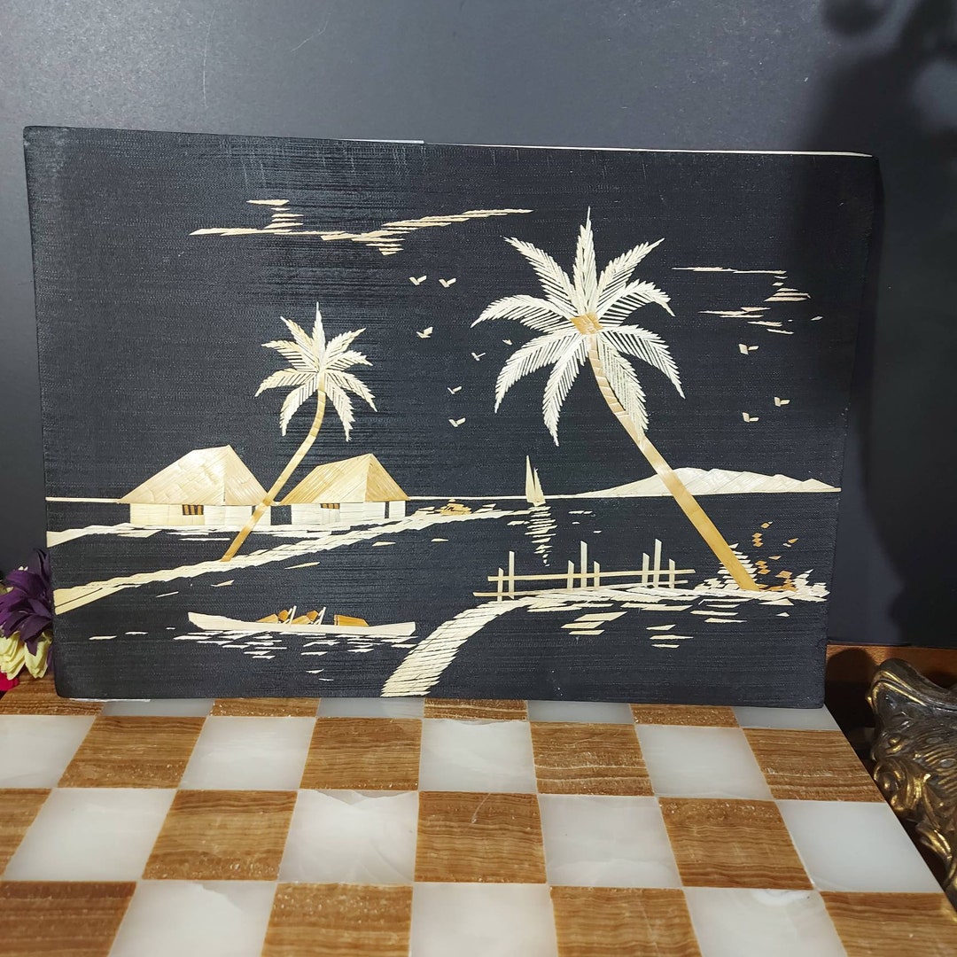 Genuine Rice Straw Art, Vintage Leaf Art, Asian Oriental Scene