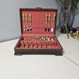 1847 Rogers Bros Silverware Chest Set Vintage Cutlery, Box Set, GoldPlated, Wood Chest with Pink Velvet, Signed, Dining&Serving,