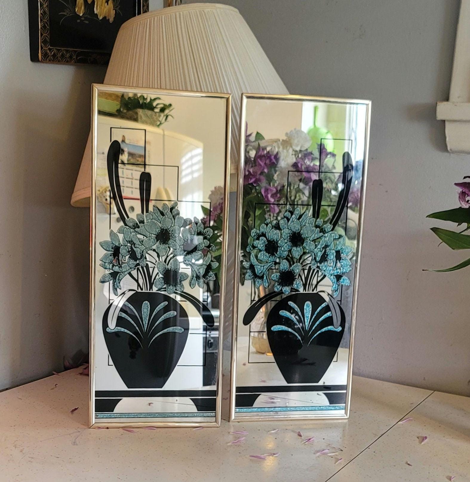 鏡 journalstandardFurniture OLD ELMMIRROR Pair of Etched Wall Mirrors, (2 Pcs) Framed Mirror, Vintage 80s