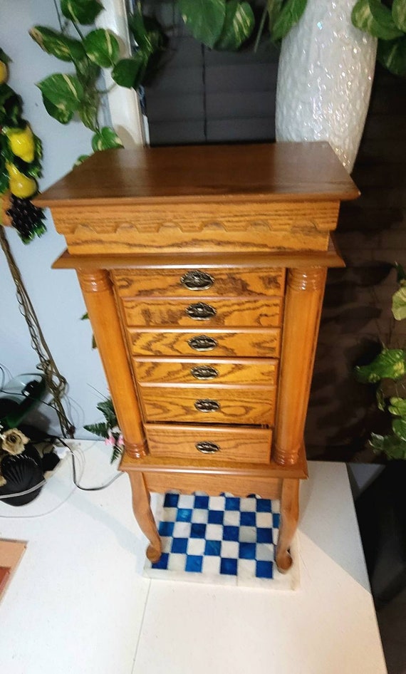 Solid Oak Wood Jewelry Box Large Vintage Jewelry Armoire