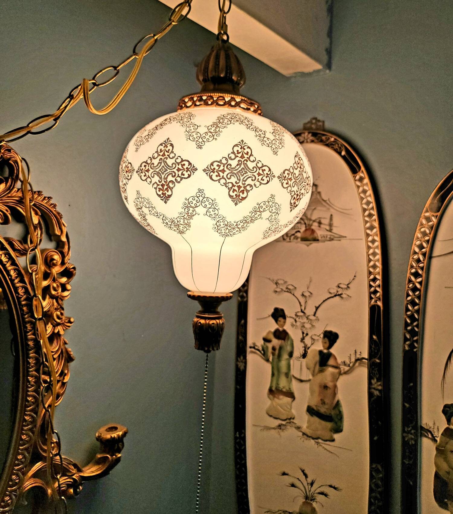 Swag Lamp, Milk Glass, Hanging Lamp, Vintage 70s, Glass