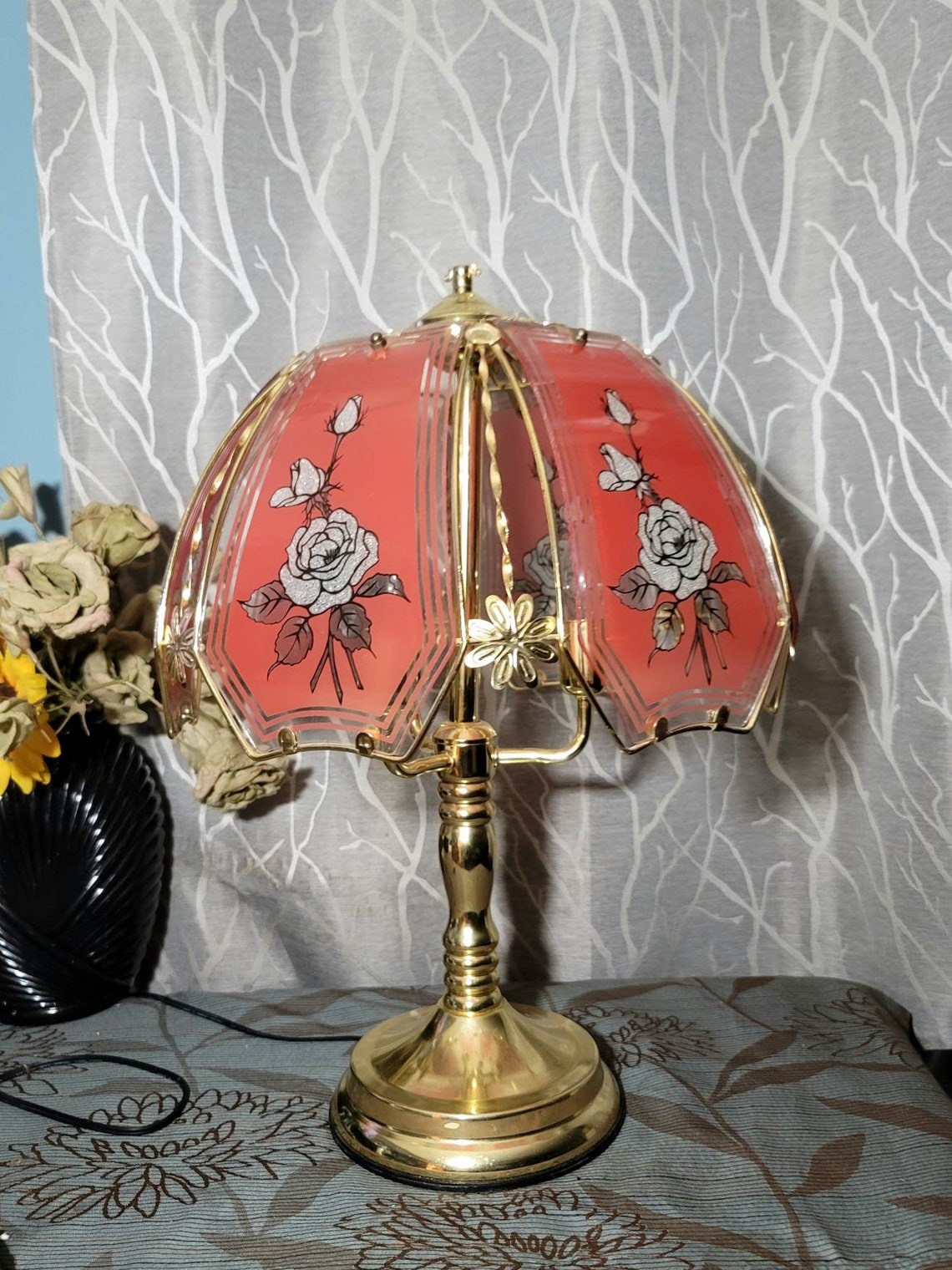 Touch Lamp Tri-light Brass and Glass Pink Panel Glass - Etsy
