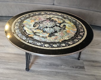 Oriental Lacquered Wood, Tea Table, Soapstone, Mother of Pearl, Vintage 60s, Coffee Table, Furniture, Home Decor,