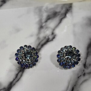 Rhinestone Clip Ons, Made in Autria, Vintage Jewelry, Blue, Sparkle, signed, Womens Jewelry,