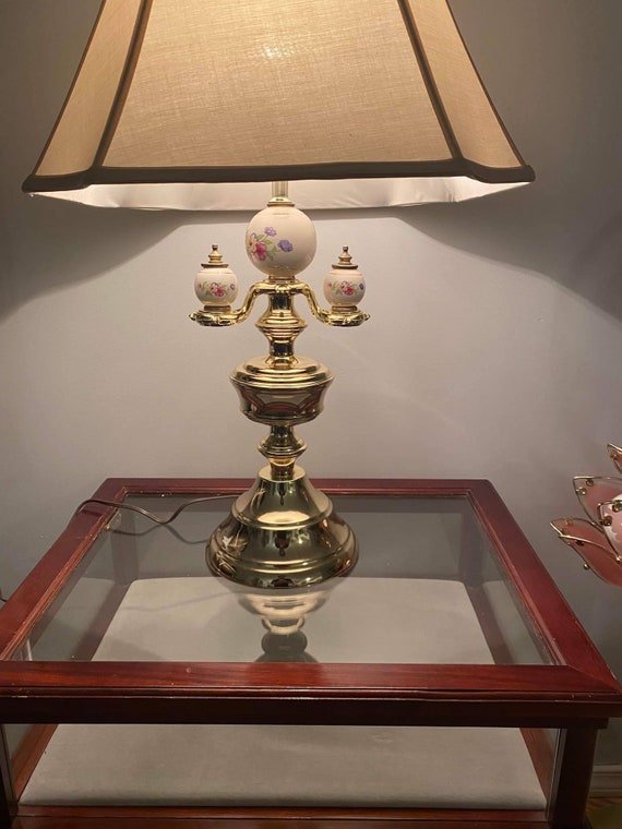 Brass Lamp with Lamp Shade, Porcelain Globes, Ant… - image 2