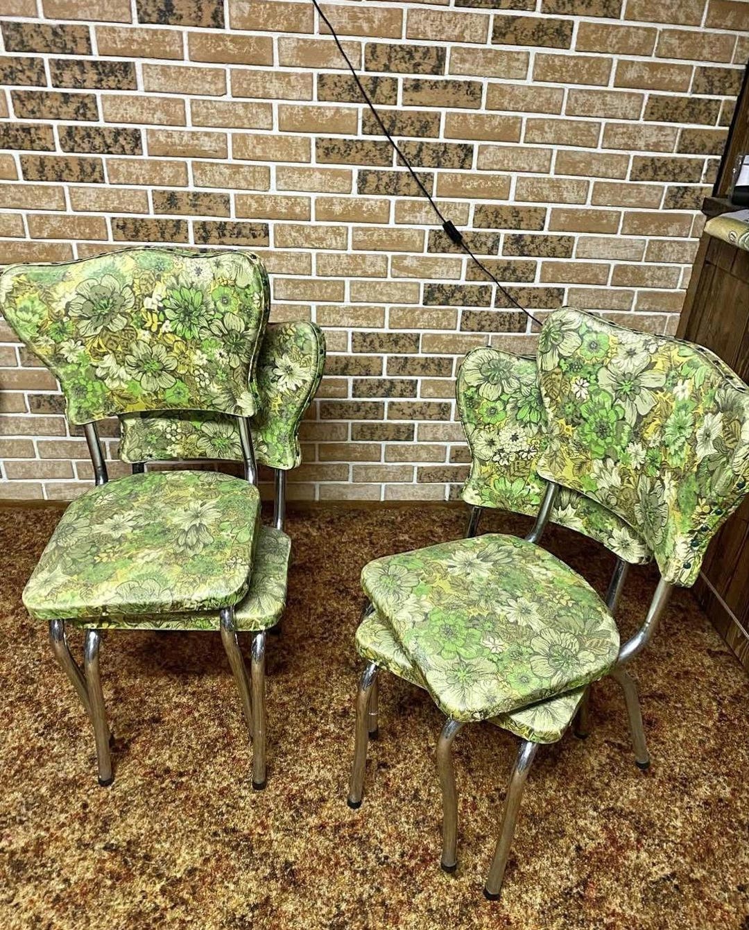 ビニールチェア、ヴィンテージ、キッチンチェア、ミントグリーン、花柄