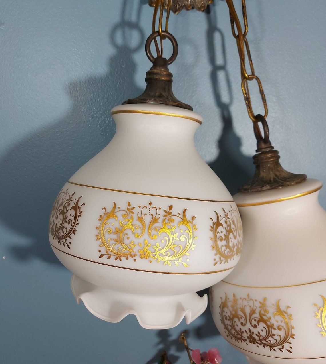 Ceiling Double Swag Ceiling Light Fixture Milk Glass Gold Etsy