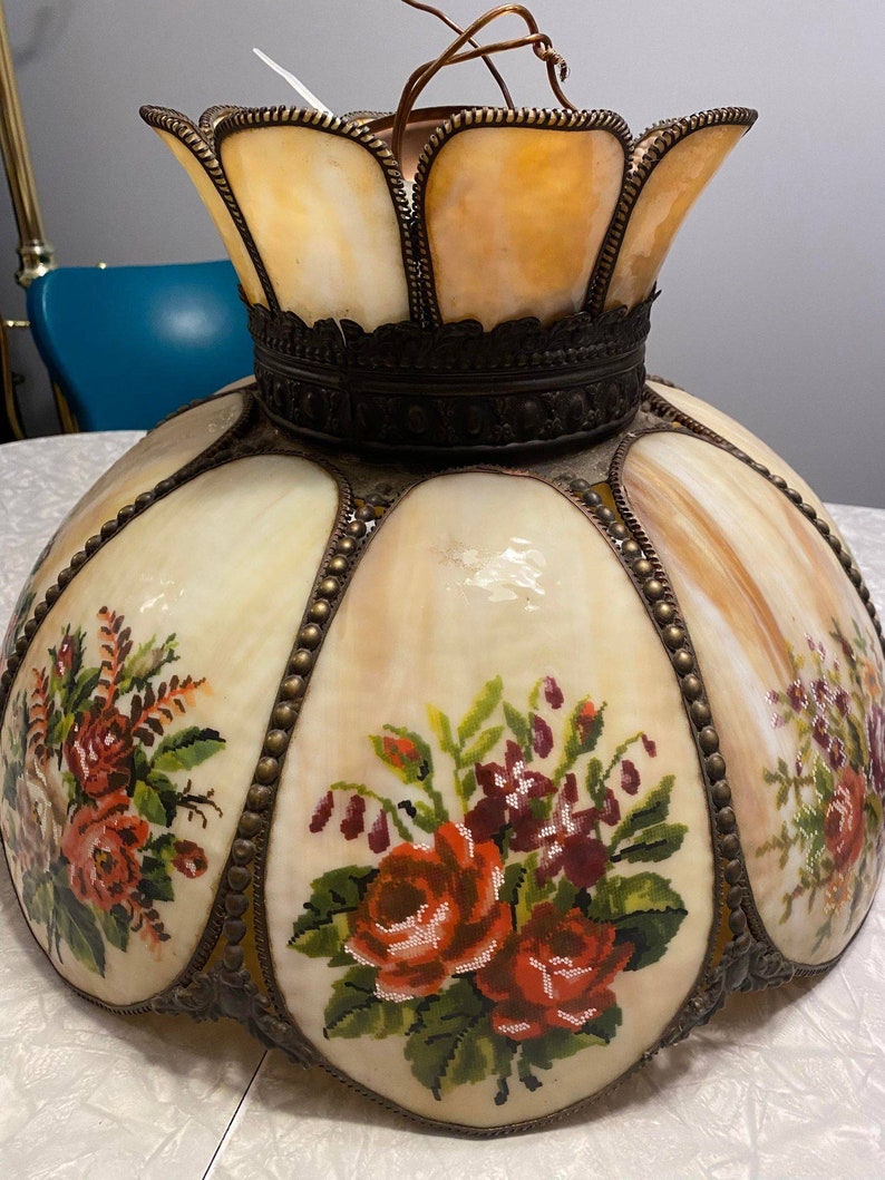 Tiffany Style, Ceiling Fixture, Vintage Hanging Light Fixture, Glass