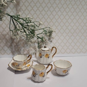 Sandord, Miniature Bone China Tea Set, Mini, Tea Set, Vintage, Porcelain, Dollhouse Furniture, Teaset, Display, Teapot, Teacup, Sugar/Cream,