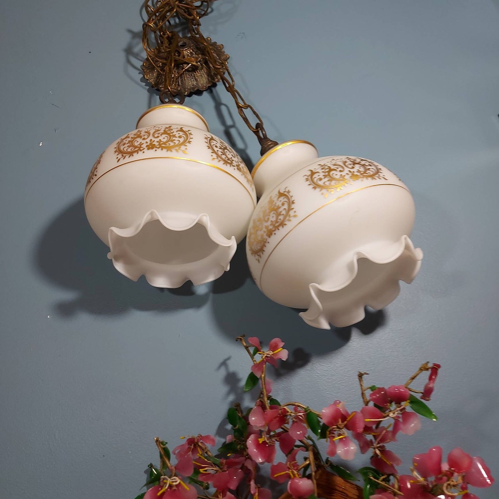 Ceiling Double Swag Ceiling Light Fixture Milk Glass Gold Etsy