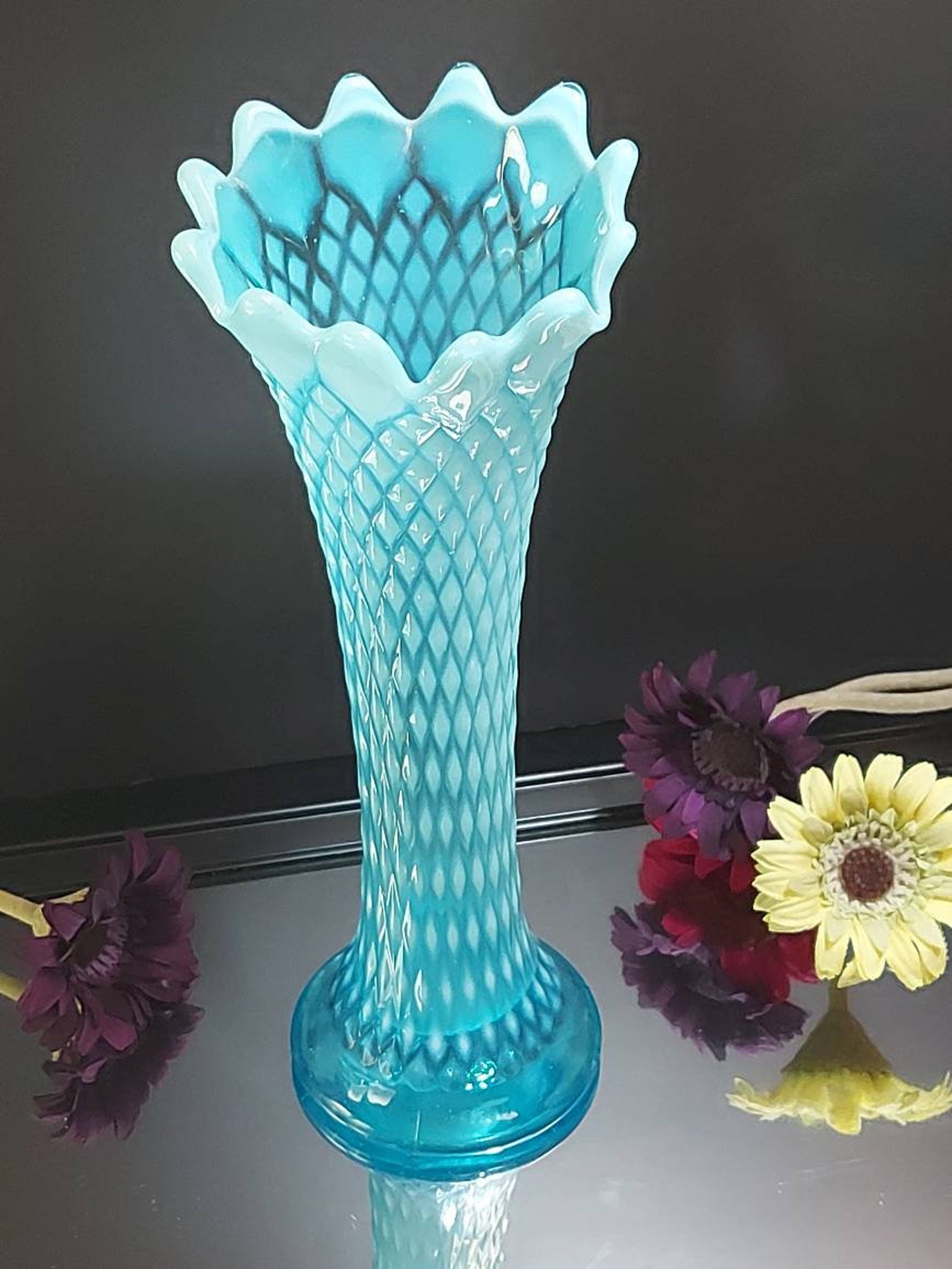 Northwood Antique Blue Opalescent Diamond Point Swung Vase Etsy