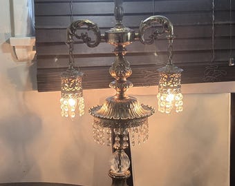 Statement, Lighting, 2 Way Lighting, Fringe Shade,Large, Antique, Solid Brass, Table Lamp, Hollywood, Regency, Vintage