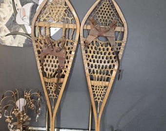 Sneeuwschoenen, antiek, vintage, Canadees, hout, leer, sneeuwschoenen, winters, woondecoratie,