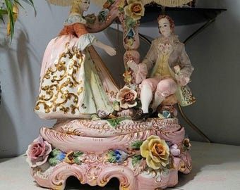 Antique Capodimonte Porcelain Lamp, Victorian Style, Silk Fringe