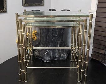 Faux Bamboo Brass&Glass, Nesting Table Set, 3pcs., Brass Nesting Tables, Glass, Hollywood, Regency, Plant Stand,