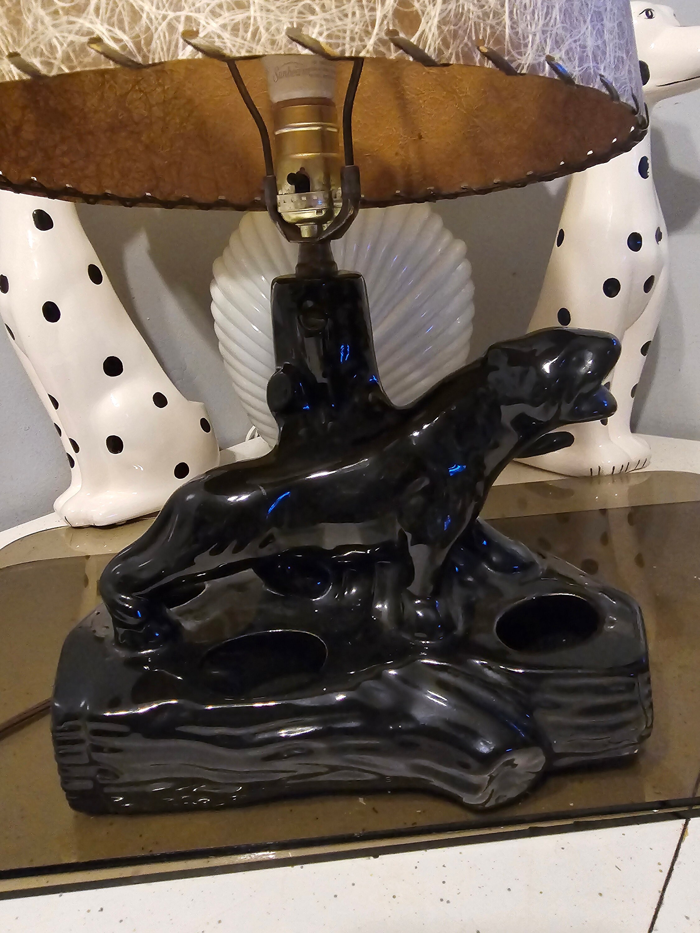Black Panther Lamp, Vintage, Porcelain, Panther Planter Lamp