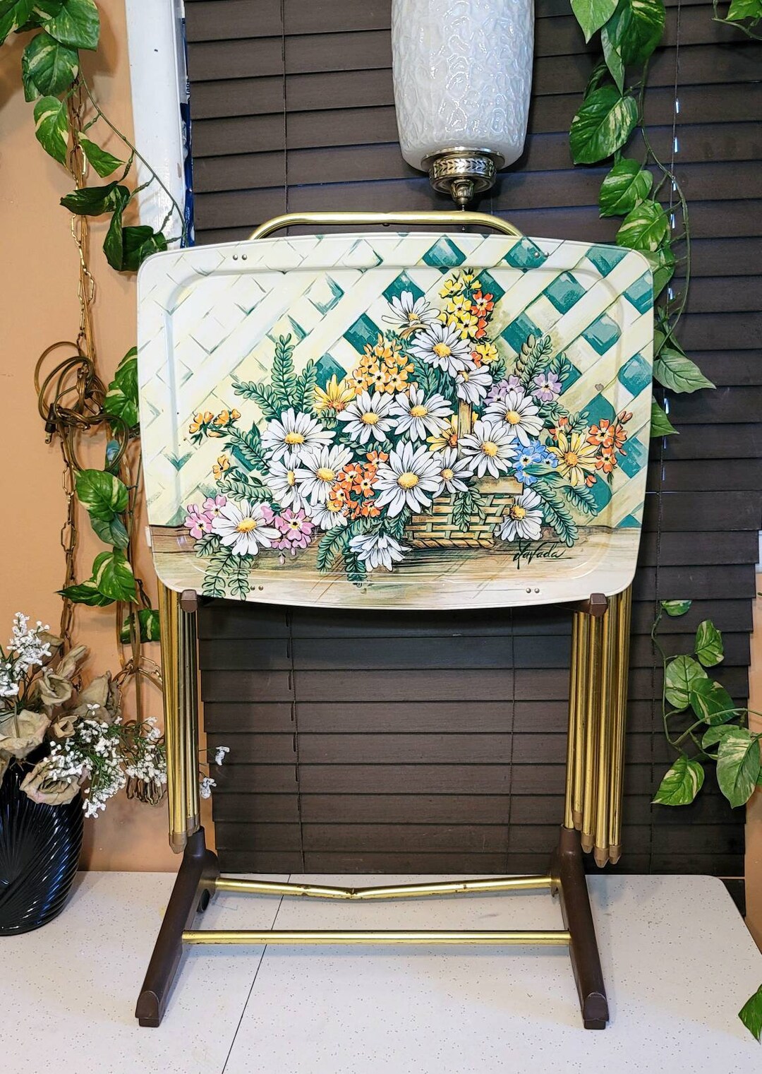 Set of Folding Metal TV Tray, With Stand, Signed, Vintage TV Table, Snack Tray, Flower Tv Table