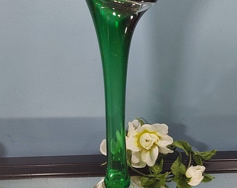 Hand Blown Glass Bud Vase, Blown Art Glass Vase, Emerald Glass, Vintage Tall Bud Vase, Tall Vase, Home Decor, Bubbled Glass, Green Glass,
