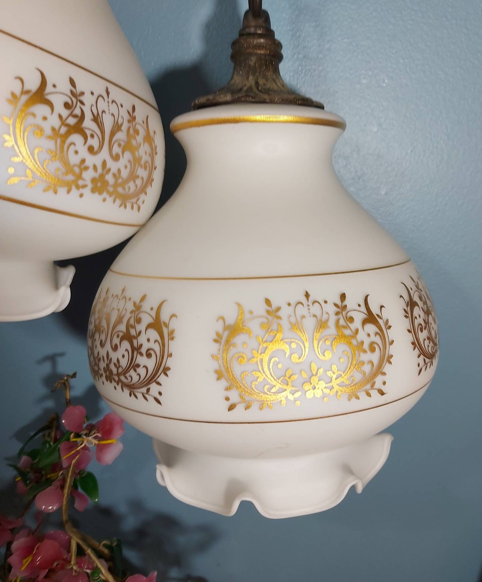 Ceiling Double Swag Ceiling Light Fixture Milk Glass Gold Etsy