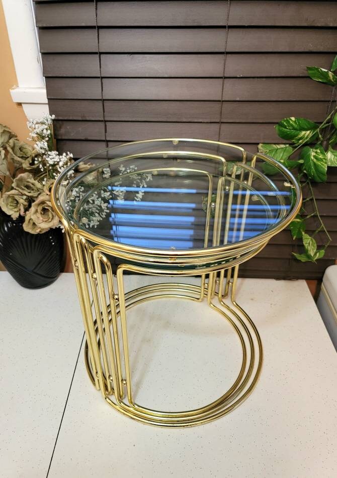 Brass&glass Nesting Table Set Stacking 3pcs. Brass Tables Etsy