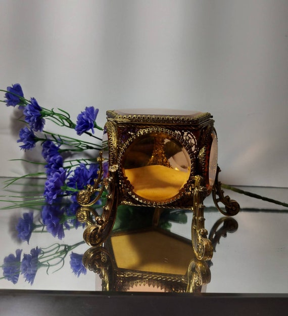 Antique Ormolu Jewelry Casket, Amber Veveled Glass