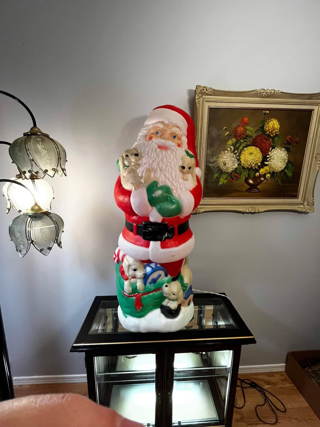 Santa Blow Mold, Santa Claus and Puppies, With Cord, Vintage, Christmas