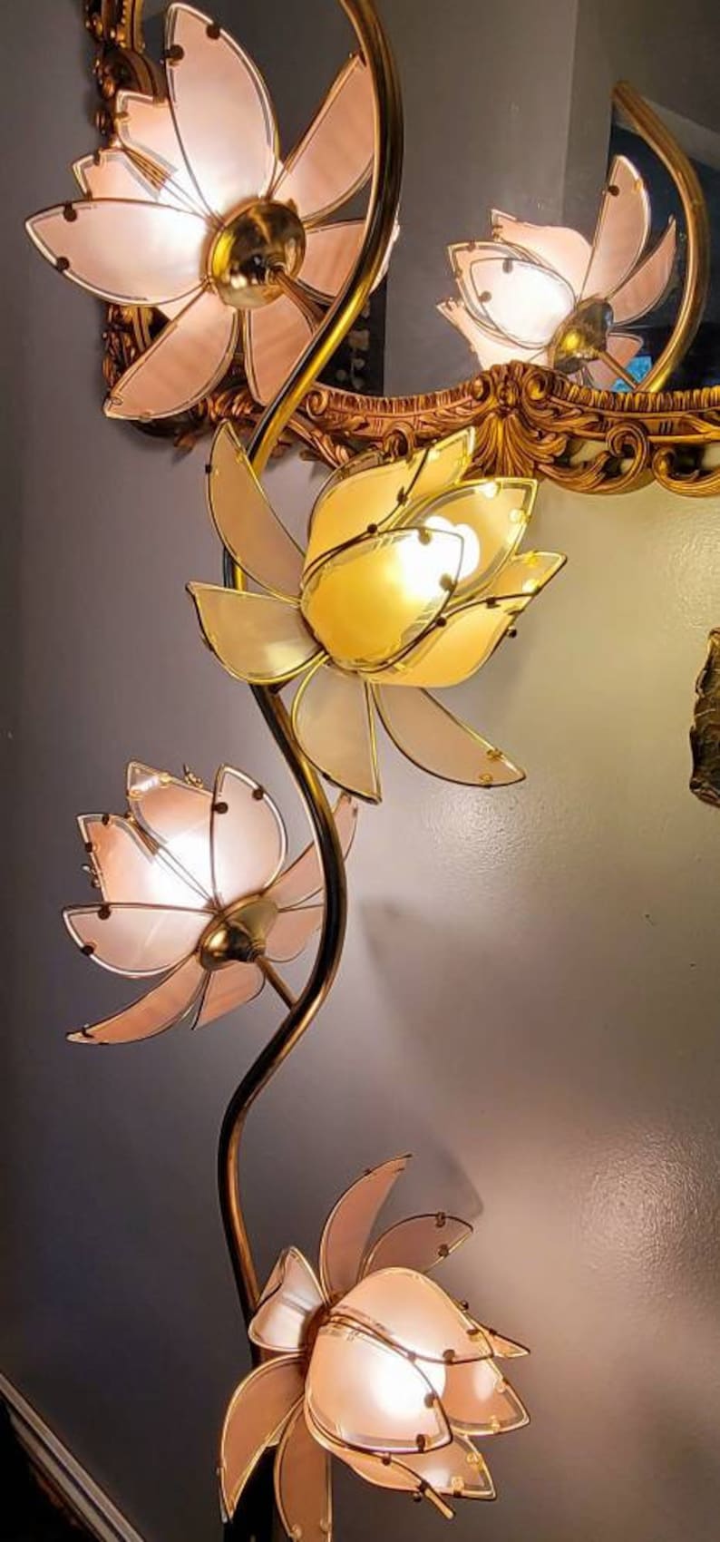 Lotus Floor Lamp Pink Lotus Glass Panel Shade 3 Way Etsy