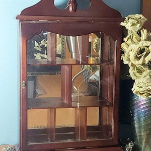 Vintage Cherry Wood  Glass Curio Cabinet, Miniatures, Trinket Display Case, Wall Mounted, Three Shelf, Glass Door, Boho Chic, Mirror display