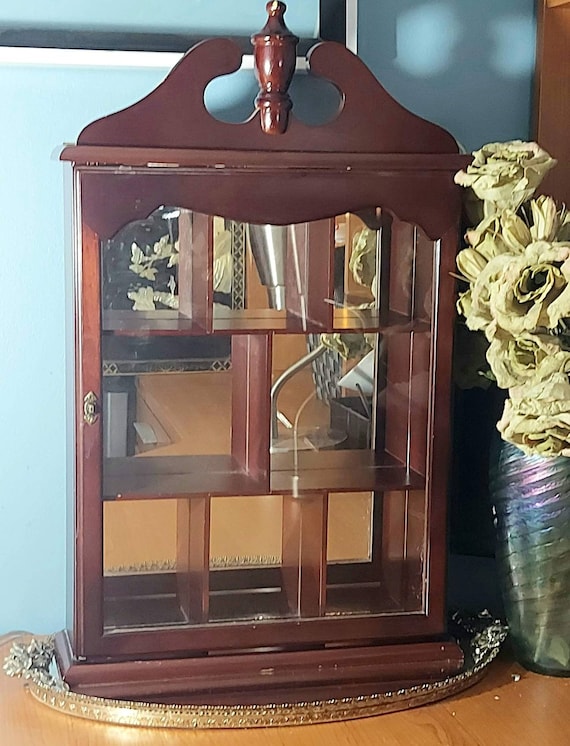 Vintage Cherry Wood Glass Curio Cabinet Miniatures Trinket India Vintage Cherry Wood Glass Curio Cabinet, Small Glass Curio Cabinet With Lights