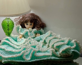 Fibre Craft Materials Inc, Vintage 80s Bed Doll, Plastic, Beautiful Crocheted Gown, Bedside, Dresser Doll, Half Doll, Signed,