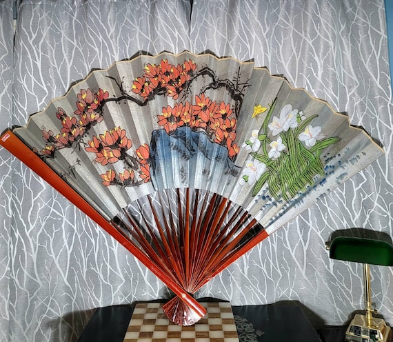 Large Fan, Wall Hanging, Bamboo, Hand-painted, Oriental Art
