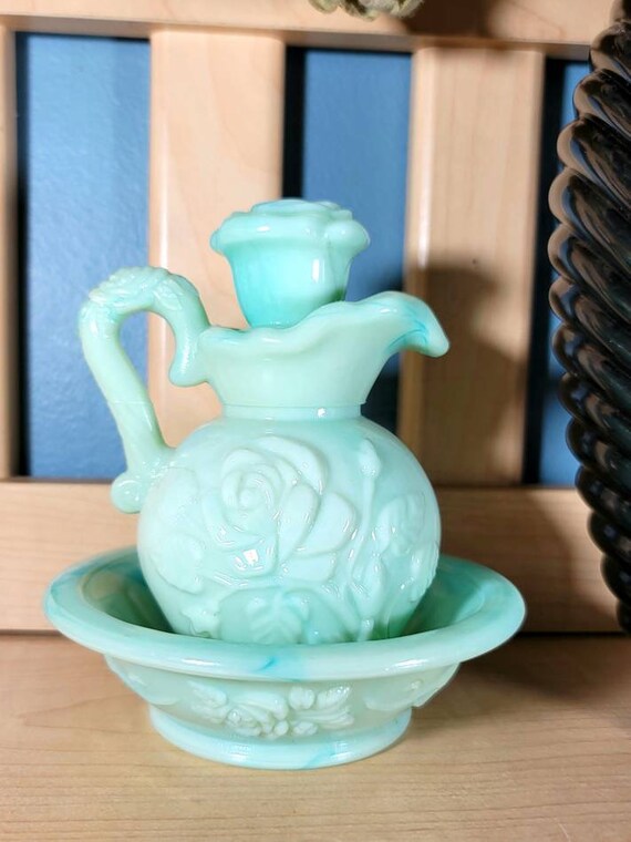 Avon Set, Marbled Teal, Rose Dish Decanter, Avon Collectible
