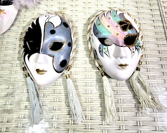 Porcelain Masks, (2pcs), Wall Hangings, Wall Mask, Clown, Vintage, Hand Painted, Wall Decor, HomeDecor, Taiwan, Mari Gras, Tassles