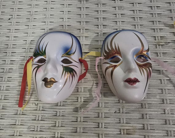 Porcelain Masks, (3pcs), Wall Hangings, Wall Mask, Clown, Vintage, Hand Painted, Wall Decor, HomeDecor, Mari Gras,