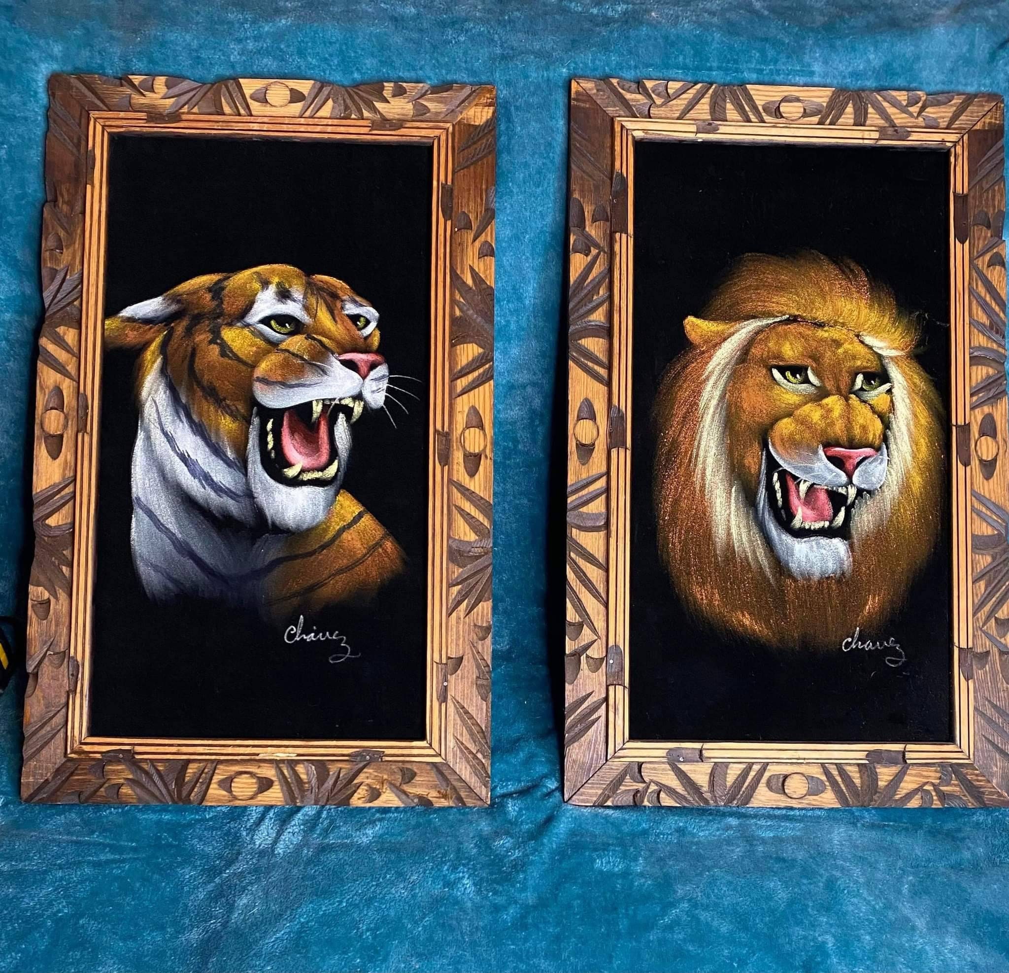 RESERVED, Black Velvet, Tiger, MCM, Original, Wood Frame, Art Work