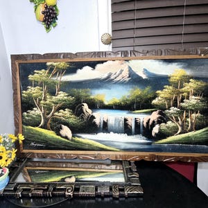 Black Velvet, Wall Hanging, Tapestry, MCM, Original, Wood Frame,, Vintage, Art Work, Mid Century, Signed, MCM, Oil Painting,